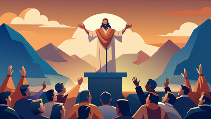 Poster - jesus preaching a sermon on a mount to a big group of people, vector illustration flat 2