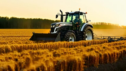 Poster - Tractor Working in a Golden Wheat Field During Sunset in Summer Generative AI