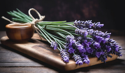 A bouquet of fresh lavender sits on a wooden cutting board