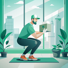 a man squats on two legs and lifts a box with two hands, vector illustration flat 2