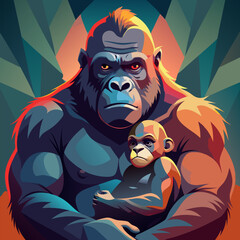 mighty silverback gorilla cradling its baby in its arms, vector illustration flat 2