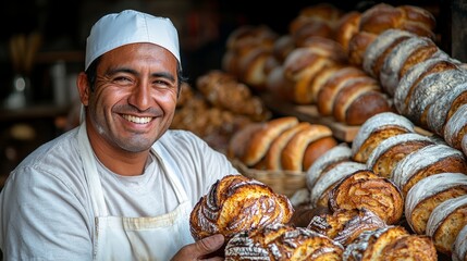 Wall Mural - Portrait of handsome baker at the bakery with breads and oven on the background