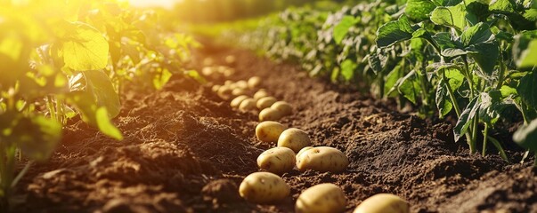 Wall Mural - Farmer planting potatoes in a sunny field with young plants growing