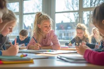 Wall Mural - Children sit at desks in the classroom, holding pens and writing on whiteboards. The teacher smiles as she watches them from behind her desk