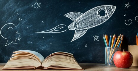 Wall Mural - chalkboard background with an illustration of pencils and other school supplies, including one pencil shaped like the silhouette of a rocket ship. 