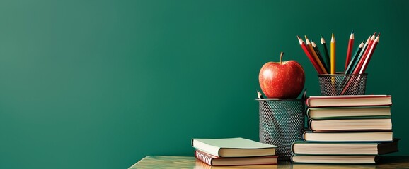 Wall Mural - On the table, there is an apple and several books next to it. There is a green chalkboard background in front of them. A pen holder with colored pencils stands on top of one of the books. 