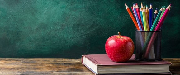 Wall Mural - On the table, there is an apple and several books next to it. There is a green chalkboard background in front of them. A pen holder with colored pencils stands on top of one of the books. 