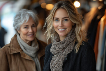 A middle-aged woman with blonde hair and blue eyes, wearing business casual , is helping an elderly customer choose in the store of women's fashion,