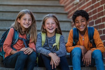 Wall Mural - Three diverse children laughing and sitting on school steps wearing backpacks in front of brick wall