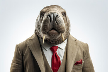 Walrus Businessman wearing a tan suit with a red tie