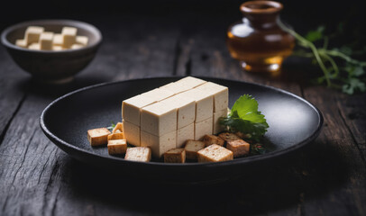 Wall Mural - A block of tofu sits on a black plate with other pieces of tofu