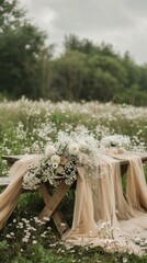 A beautifully set rustic wedding table features delicate flowers and flowing fabric, surrounded by a serene field of wildflowers under a soft sky