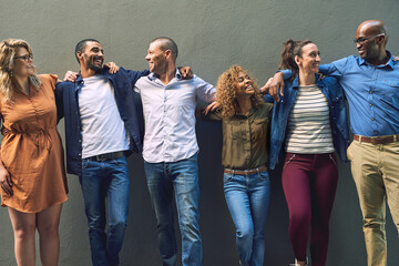 Aufkleber - Happy business people, diversity and unity with team in company growth on a wall background. Group of diverse employees with smile in confidence, row or line for creative startup or about us together