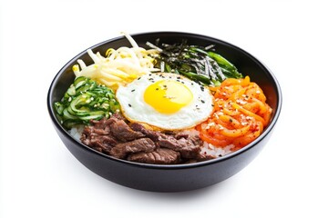 Bibimbap, A mixed rice dish with assorted vegetables, beef, a fried egg, and gochujang (Korean chili paste). isolated on white background