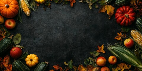 Wall Mural - Seasonal autumn harvest layout with pumpkins, apples, corn, and vibrant leaves framing a rustic black textured surface