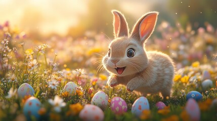 Happy bunny in a field of easter eggs - generative ai