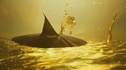 Poster - Mysterious Dark Object Emerging From Shimmering Golden Water at Dusk Generative AI