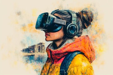 Poster - Stylized portrait of a woman wearing a VR headset in a modern urban environment merging the energy of the city with the immersive possibilities of virtual reality in a vibrant digital scene