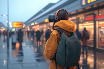 Poster - Stylized illustration of a person wearing a VR headset in a busy urban setting blending the energy of city life with the immersive experience of modern technology