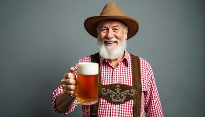 Wall Mural - Old Man in bavarian clothes holding beer mug oktoberfest gray background