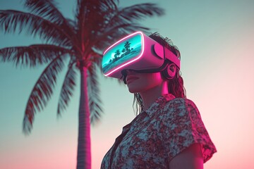 Poster - A young woman immersed in virtual reality wearing a futuristic VR headset under a palm tree at sunset blending technology with tropical escapism in a serene modern world