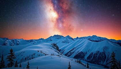 Snow mountains with dramatic starry evening galaxy Beautiful HD wallpaper, ai