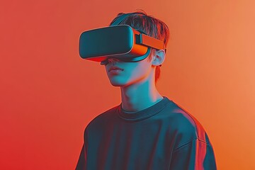 Poster - A young man with a futuristic VR headset stands against a bold orange background representing the intersection of modern technology creativity and vibrant digital experiences