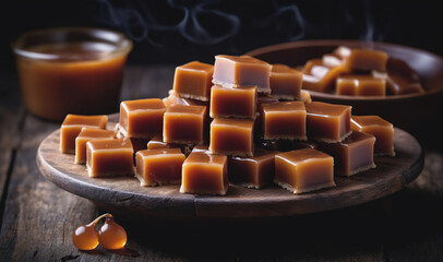 A pile of homemade caramel candies sit on a wooden platter