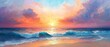 © Alpha - Tranquil sunset beach, vibrant sky, gentle shore waves, oil painting technique, soft brush application