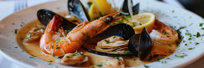 Sticker - Creamy seafood dish featuring shrimp, mussels, and calamari served on a plate