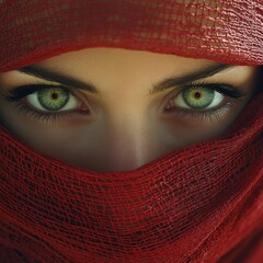 Poster - Portrait of a Woman with Green Eyes in Red Veil