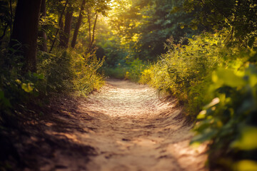 Wall Mural - forest sand road in beautiful green forest in summer, generative AI