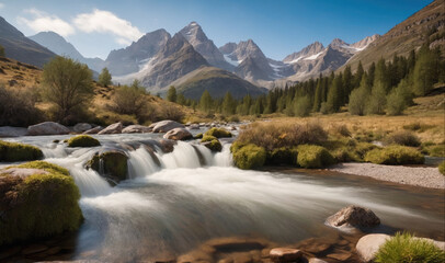 A cascading waterfall flows through a valley surrounded by snow-capped mountains on a sunny day