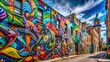 © Man888 - Vibrant graffiti mural on a weathered city wall, featuring abstract shapes and bold colors, adds a dynamic touch to the urban streetscape.