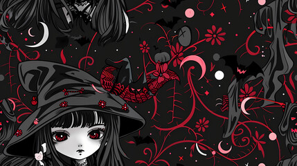 Anime Manga Halloween Witch Seamless Tile Pattern Design