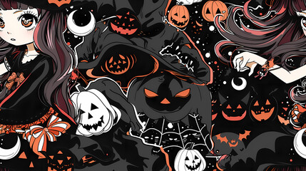 Anime Manga Halloween Witch Seamless Tile Pattern Design