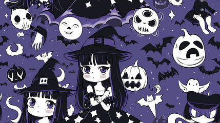 Anime Manga Halloween Witch Seamless Tile Pattern Design