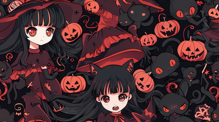 Anime Manga Halloween Witch Seamless Tile Pattern Design