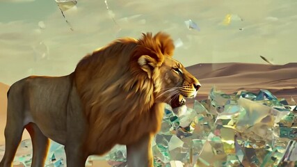 Wall Mural - majestic lion walks through a landscape of shattered glass shards generative ai