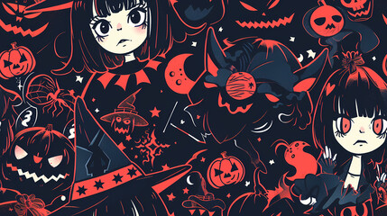 Anime Manga Halloween Witch Seamless Tile Pattern Design