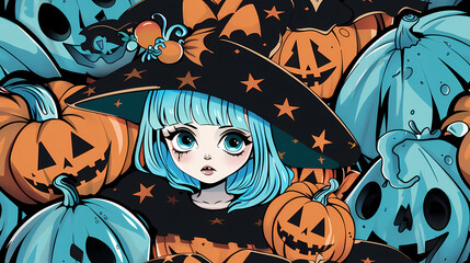 Anime Manga Halloween Witch Seamless Tile Pattern Design