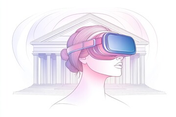 Poster - A monochromatic illustration of a person wearing a VR headset highlighting the intersection of classic artistic styles with modern digital technology