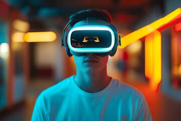 Poster - A person standing in a vibrant neon lit environment wearing a VR headset symbolizing the energetic and immersive nature of modern digital experiences in urban settings