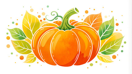 Hello Autumn design template print with orange pumpkin and fall leaves. Halloween illustration. October harvest background. Organic vegetable garden food. Nature design. Fall season