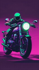 Wall Mural - A minimal and strange illustration with a color scheme of deep purples, reds, greens, and black using an ombre purple background, a portrait of a futuristic motorcycle with glowing elements. 