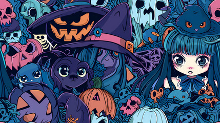 Wall Mural - Seamless Halloween Witch Tile Pattern in Anime Manga Style