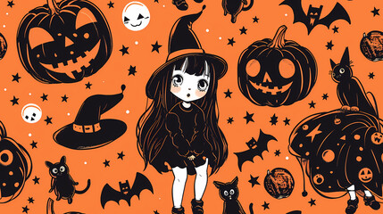 Wall Mural - Seamless Halloween Witch Tile Pattern in Anime Manga Style