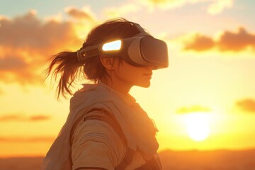 Poster - A person standing at sunset gazing out at the horizon while wearing a VR headset capturing the serene blend of natural beauty and immersive digital experiences