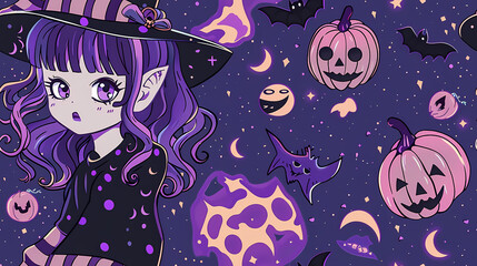 Wall Mural - Seamless Halloween Witch Tile Pattern in Anime Manga Style