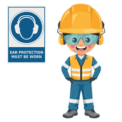 Wall Mural - Industrial Safety Engineer with mandatory use of earmuffs warning sign. Ear protection must be worn. Safety first. Personal protective equipment. Industrial safety and occupational health at work